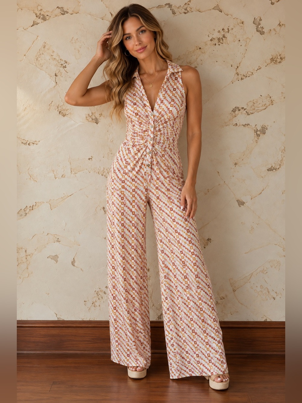 🧡 Free People Shayla Halter Jumpsuit | Retro Geometric Wide Leg | Small